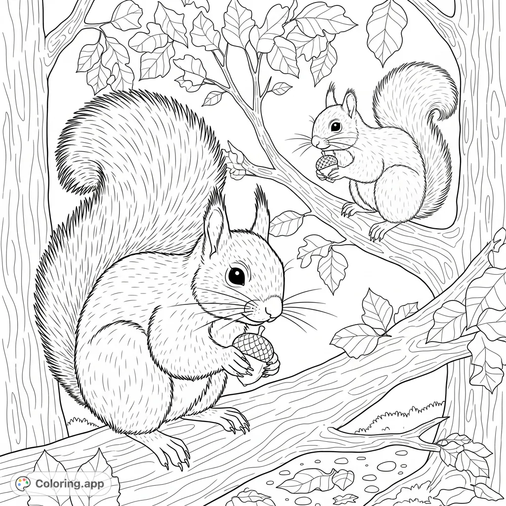 Explore the intricate world of squirrels with this detailed coloring page featuring a close-up and a tree-perched squirrel, perfect for nature lovers.