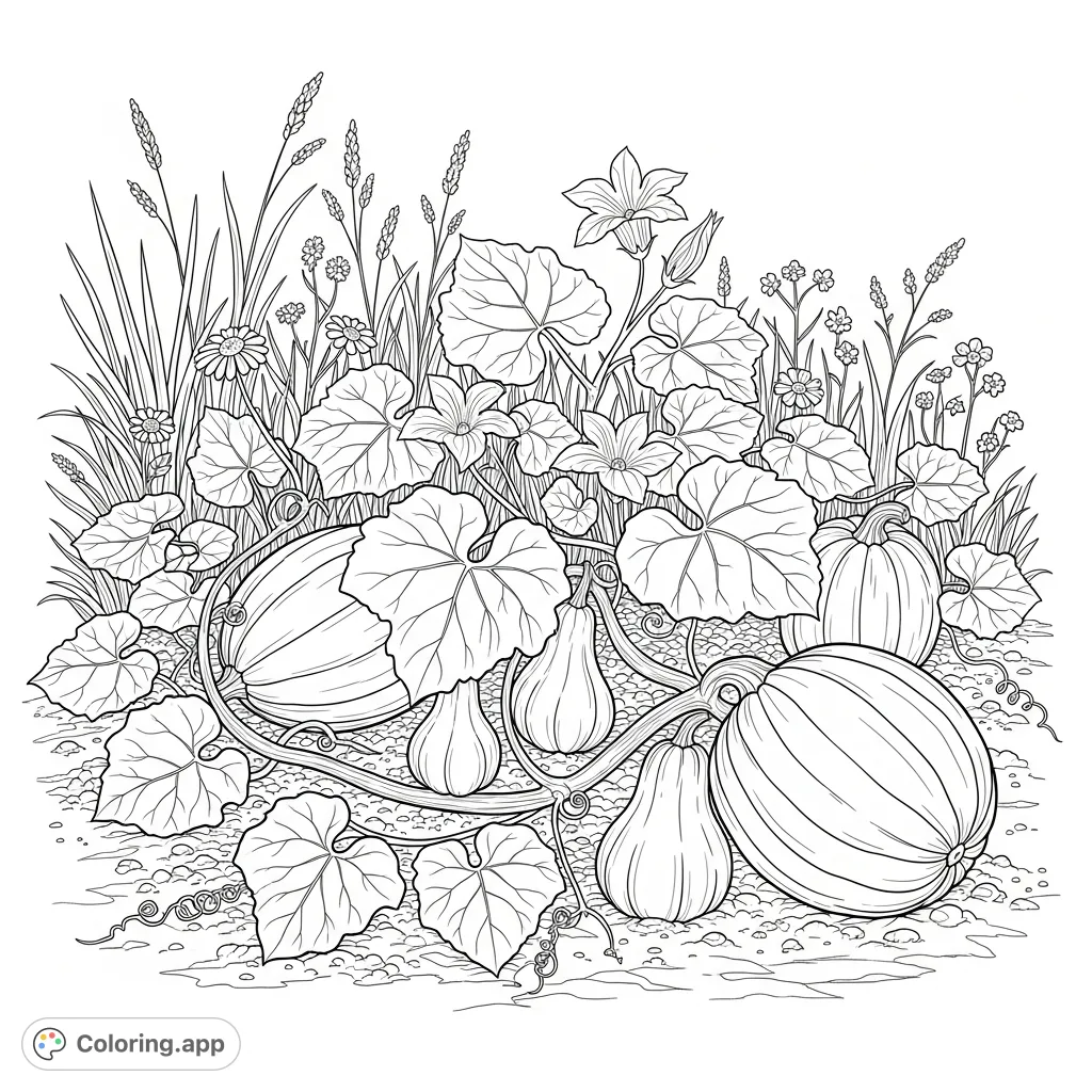 Explore a serene garden patch filled with various pumpkins, gourds, and delicate squash blossoms. A perfect free printable coloring page for nature lovers.