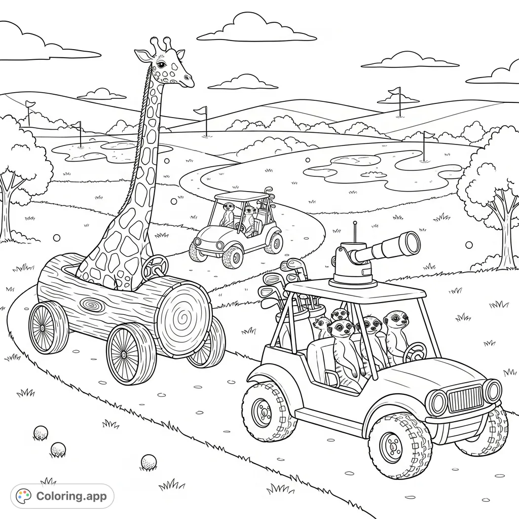 A whimsical golf course scene with a giraffe in a tree-trunk cart and meerkats in a desert buggy. A fun, free printable golf course coloring page for all ages!