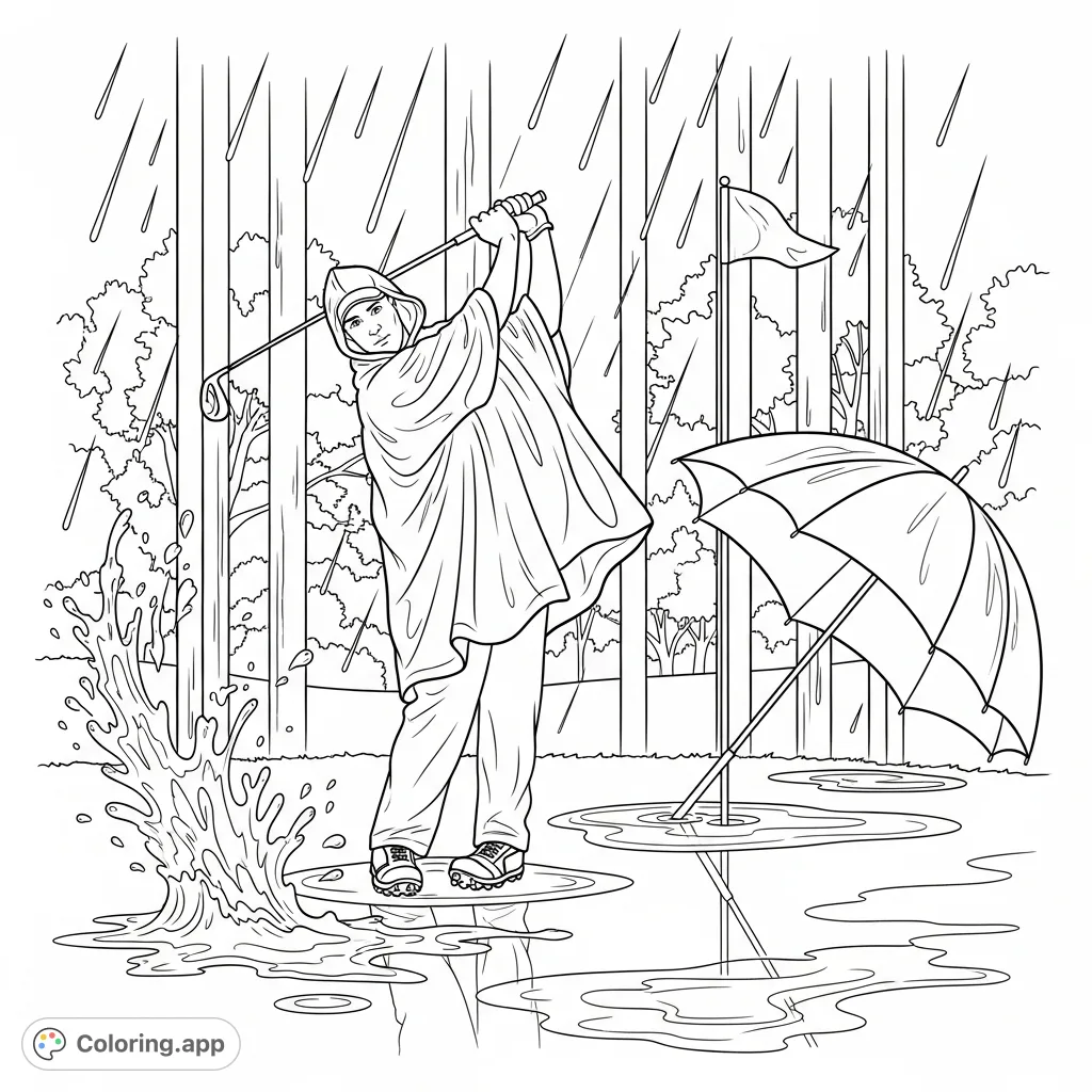 Capture the intensity of a golfer mid-swing on a rain-soaked green, with splashing water and a dramatic stormy background. A challenging sports scene.