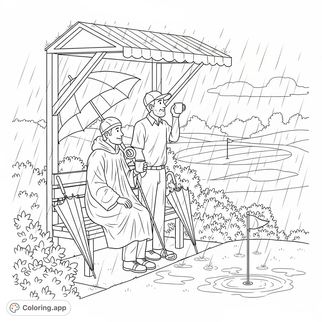 A serene golf coloring page depicting two golfers sheltering from the rain, with ponchos and umbrellas nearby, overlooking a wet fairway and distant flagstick.