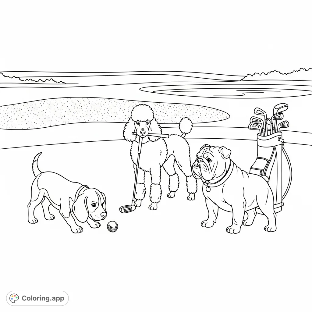 A charming golfing dogs coloring page featuring a Beagle, Poodle, and Bulldog on a golf green with clubs, a sand trap, and a water hazard.