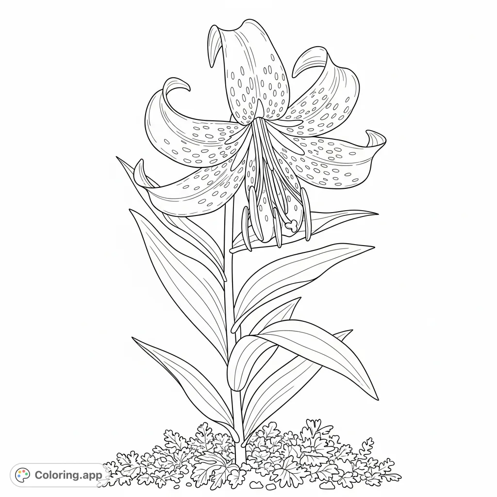 Capture the exquisite beauty of a Carolina lily with its distinctive recurved petals and spotted patterns. A detailed botanical coloring page for nature lovers.
