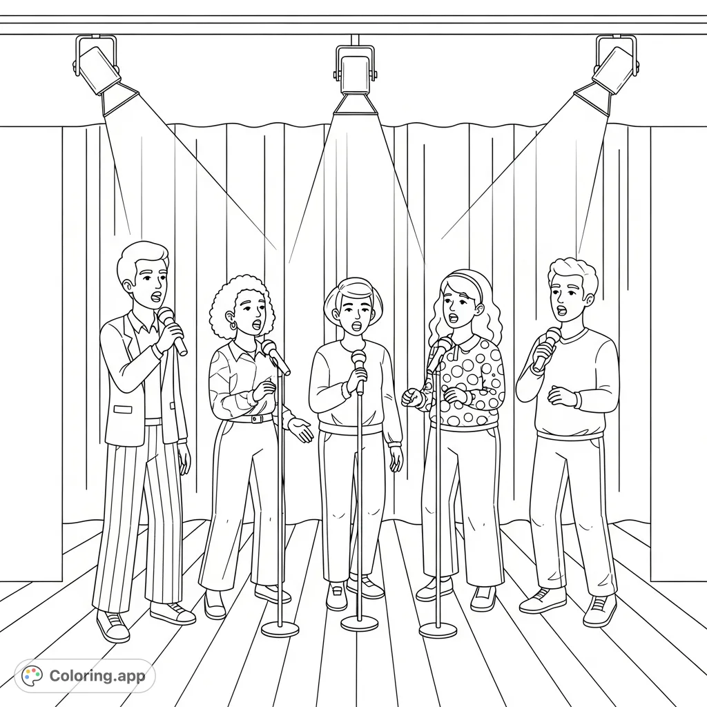 Capture the energy of a singing group on stage! This free printable coloring page features four vocalists, microphones, and a dynamic performance setting.