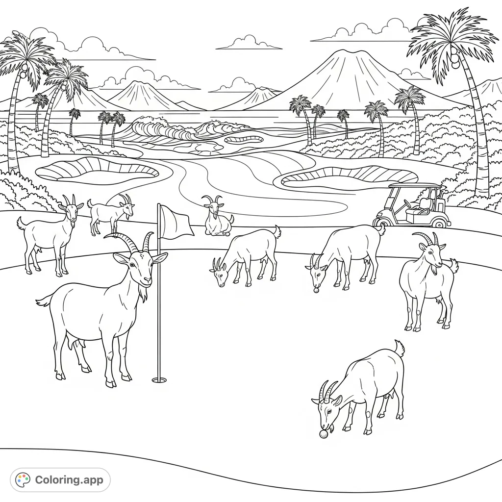 Discover a whimsical scene of goats enjoying a Hawaiian golf course. A unique and charming free printable coloring page for all ages.