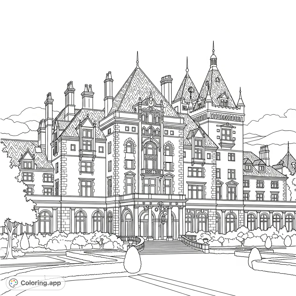 Immerse yourself in the grandeur of the Biltmore Hotel with this intricate coloring page, featuring its iconic architecture and lush surrounding gardens.