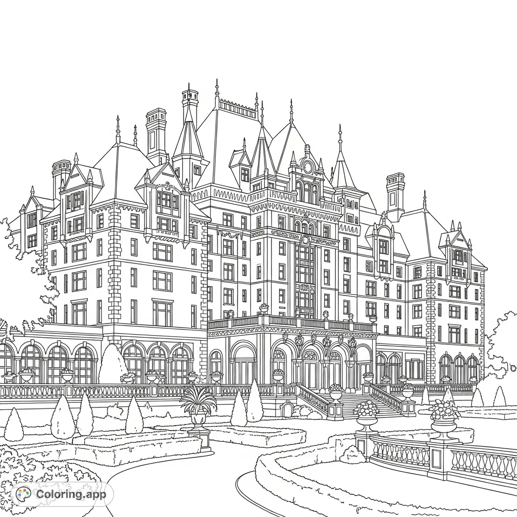 An intricate Biltmore Hotel coloring page featuring its majestic chateausque architecture, turrets, and lush gardens. A detailed historic building coloring page.