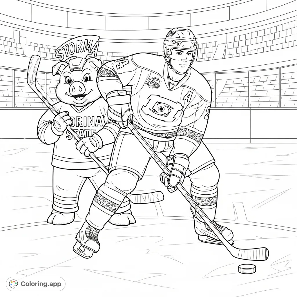 Capture the excitement of the North Carolina State Hockey Team, The Hurricanes, featuring mascot Stormy and a player on the ice. Perfect for fans!