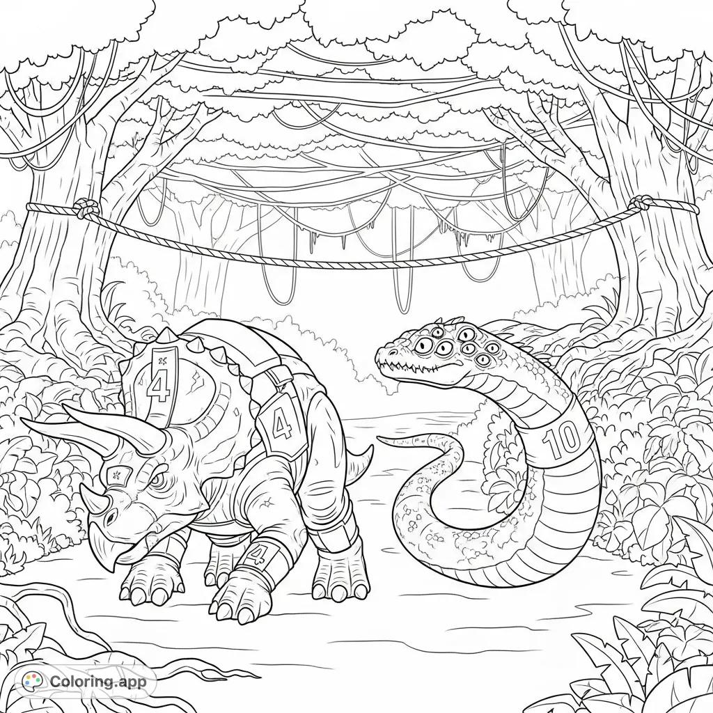 Experience a thrilling jungle race between a powerful Triceratops and a multi-eyed serpentine monster, neck and neck towards the finish line.
