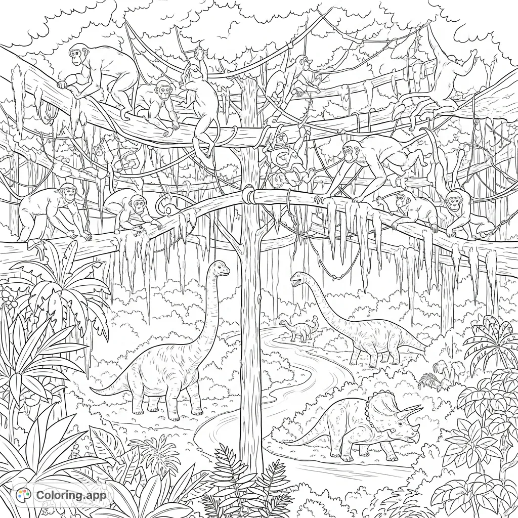 Explore a prehistoric jungle with agile monkeys swinging through dense canopy and majestic dinosaurs like Brachiosaurus and Triceratops roaming below.