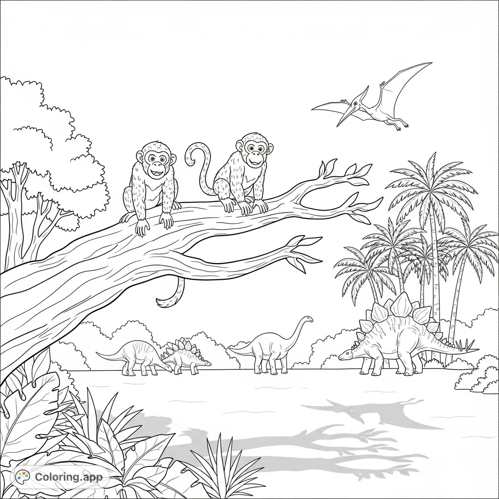 Explore a prehistoric jungle scene with playful monster monkeys on a gnarled branch, while a Stegosaurus grazes and a Pterodactyl soars overhead. A wild adventure awaits your colors!