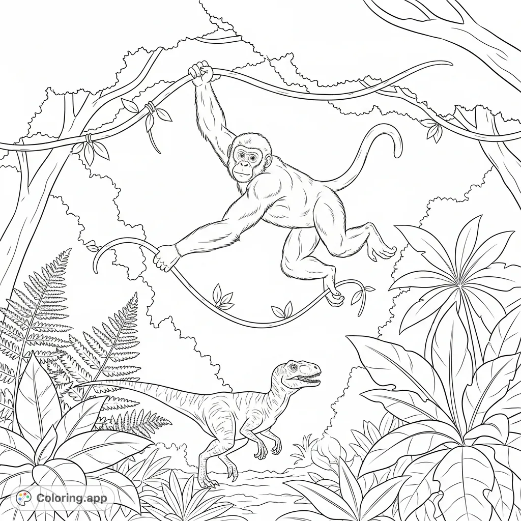 Embark on a jungle adventure with a powerful monster monkey mid-swing and a swift Velociraptor darting through prehistoric ferns. A dynamic scene from an ancient world.