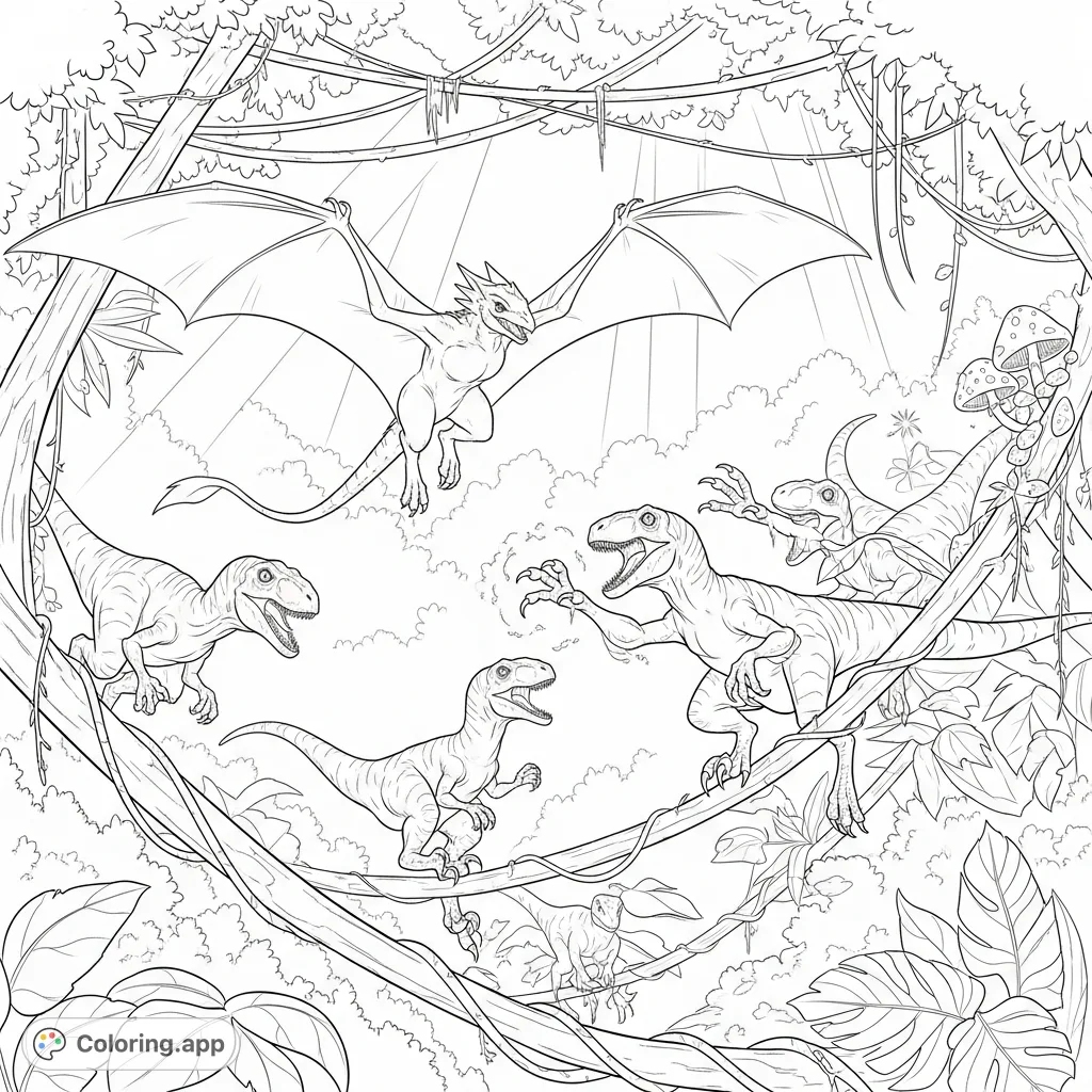 Experience a thrilling jungle monster coloring page! A winged creature evades agile Velociraptors leaping through a dense canopy, illuminated by filtered sunlight.