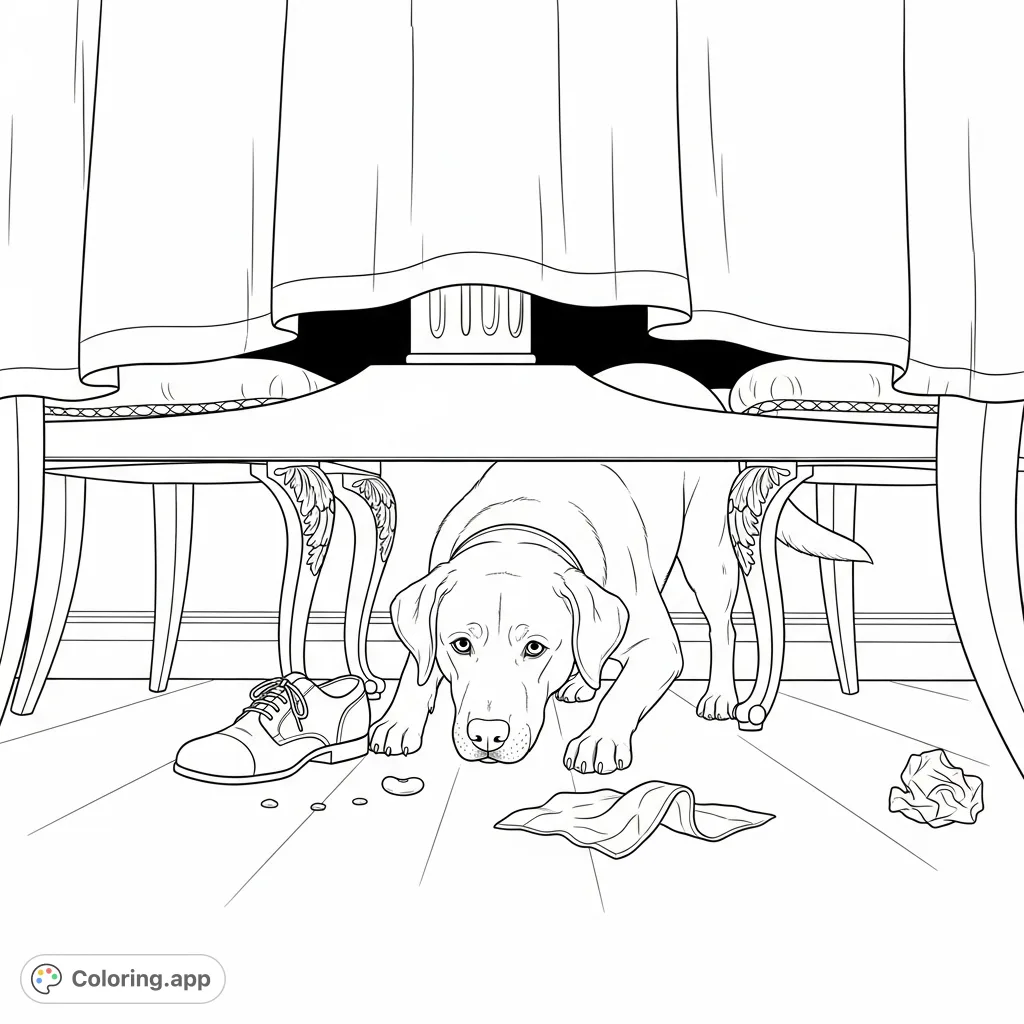 A stealthy Labrador retriever navigates chair legs under a grand dining table, eyeing a fallen bean amidst crumbs and a hanging tablecloth. A charming Thanksgiving scene.