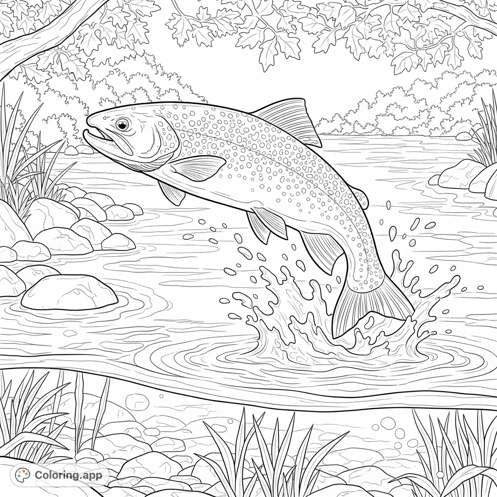 Capture the dynamic beauty of a brook trout leaping from a stream, surrounded by detailed water splashes and natural riverbed elements. A captivating nature scene.