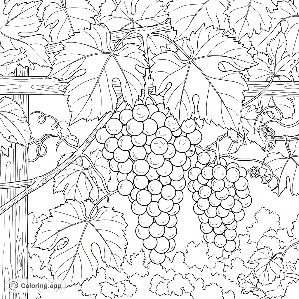 Explore the rich textures of scuppernog grapes, lush leaves, and winding vines in this detailed nature coloring page. A delightful botanical scene.