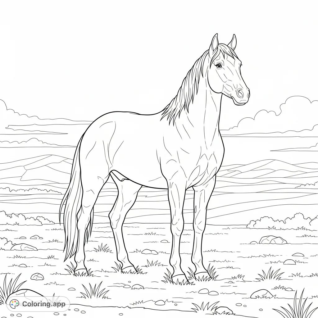 A powerful Spanish Mustang stands proudly in an open landscape, featuring its muscular build, flowing mane, and sweeping tail against rolling hills.