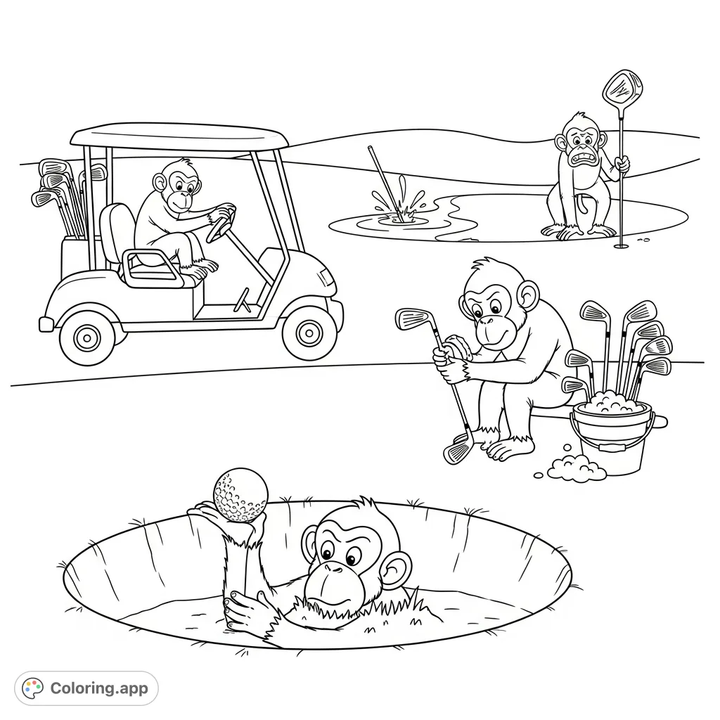 A hilarious golf scene featuring three mischievous monkeys causing chaos: one in a bunker, one polishing clubs, and another despairing over a broken driver. A fun, detailed coloring page.