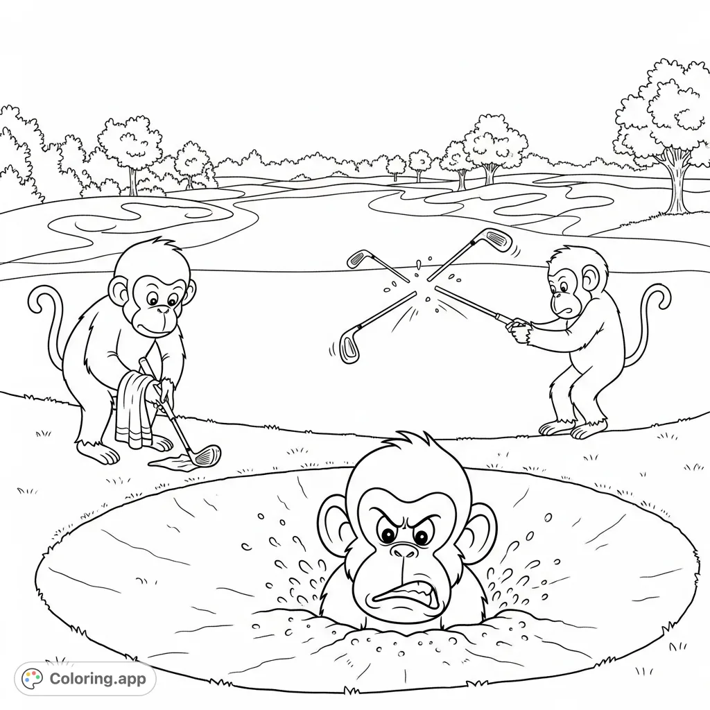 Witness hilarious monkey golf mishaps on a lush course! One monkey's stuck in a sand trap, another breaks a club, while a third cleans up.
