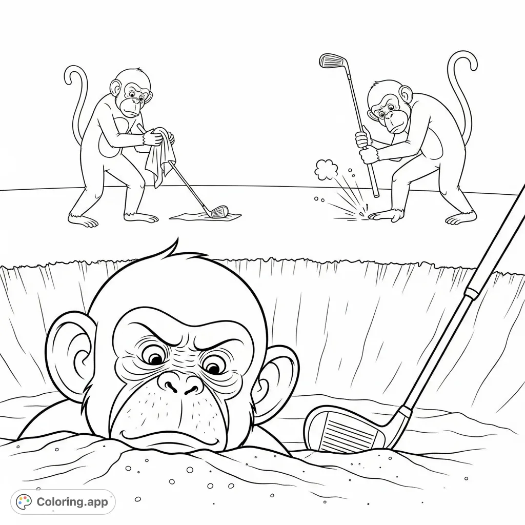Witness a hilarious golf scene featuring three expressive monkeys: one comically stuck in a sand trap, another meticulously cleaning, and a third breaking a club in frustration. A truly amusing monkey golf coloring page.