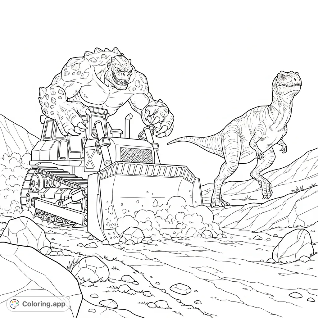 An exciting monster bulldozer coloring page featuring a powerful monster chasing a swift dinosaur across a rugged landscape. Perfect for an adventure!
