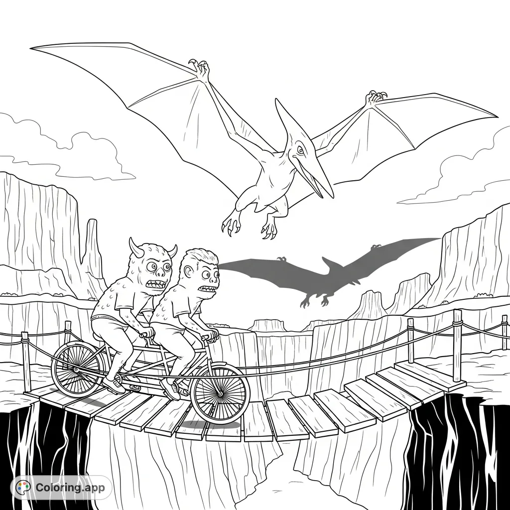 An epic fantasy chase: a two-headed monster on a tandem bike speeds over a rickety bridge, pursued by a colossal Pterodactylus across a deep canyon.
