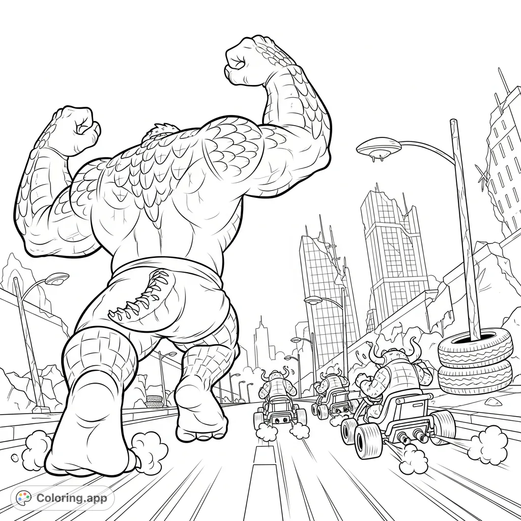 Experience a thrilling chase as a massive monster pursues three tiny go-kart drivers through a crumbling, post-apocalyptic cityscape.