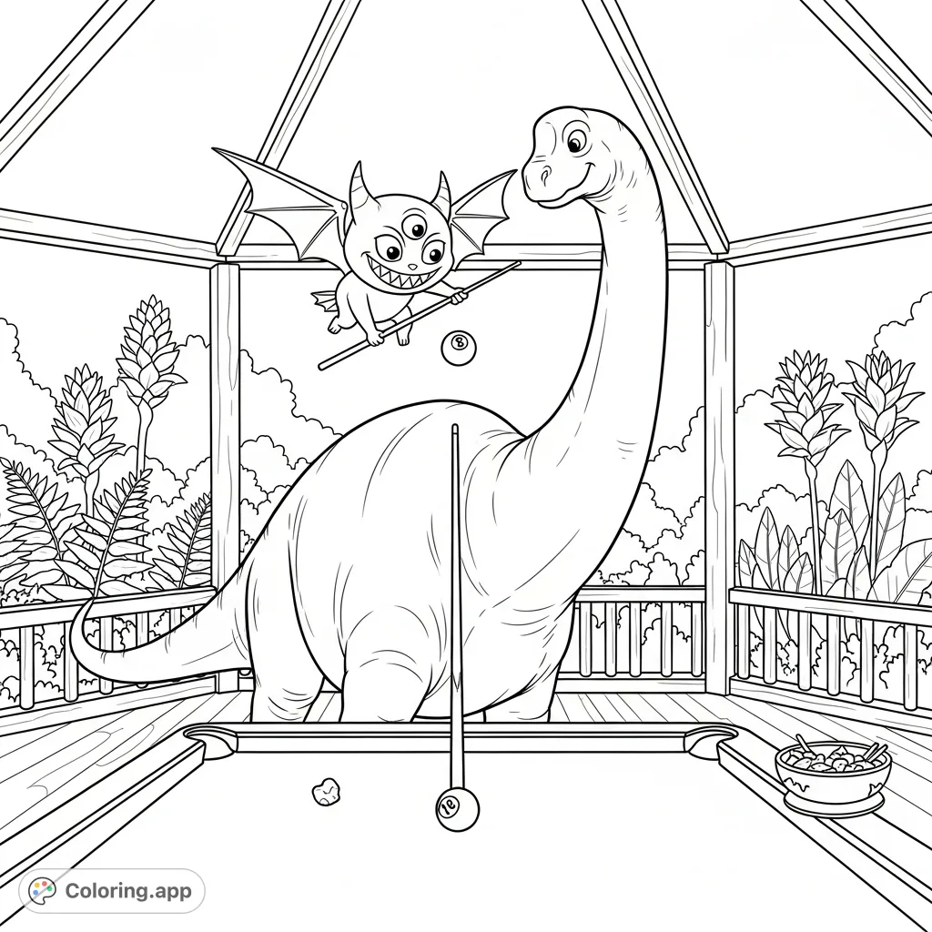 An extraordinary prehistoric billiards coloring page featuring a tiny winged monster and a colossal Brachiosaurus in a lush pavilion setting. A truly unique scene!