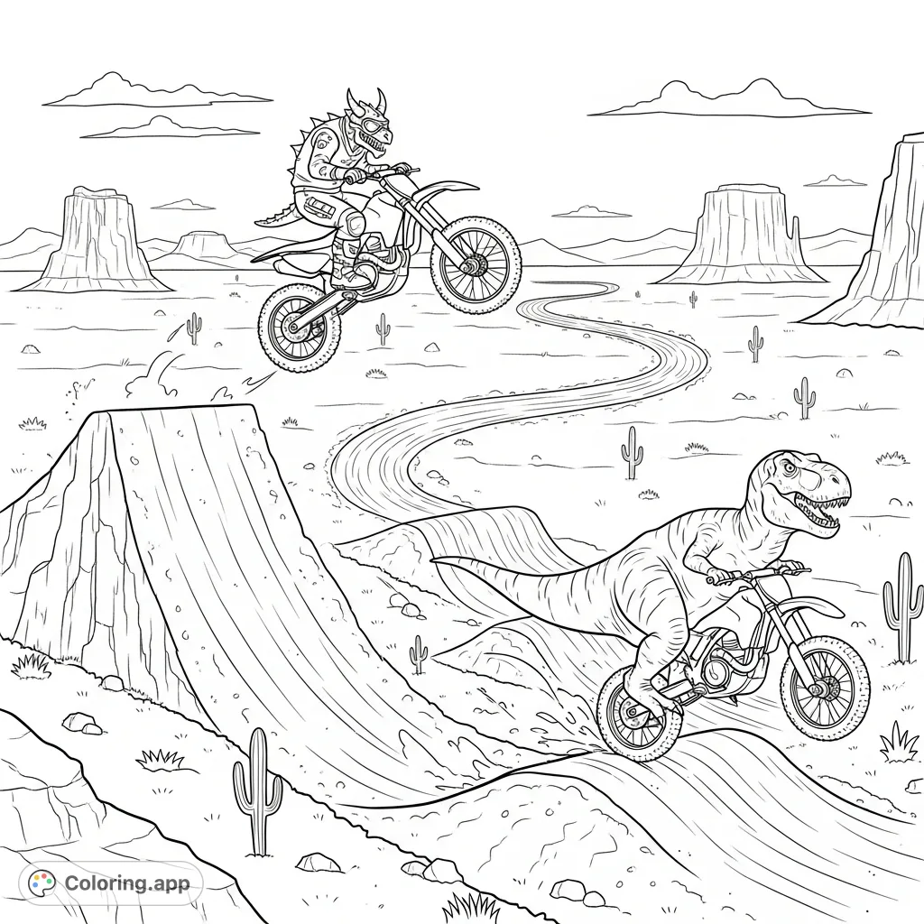 Experience an epic desert dirt bike race featuring a scaly horned monster leaping a ramp and a colossal T-Rex navigating moguls. Action-packed adventure!