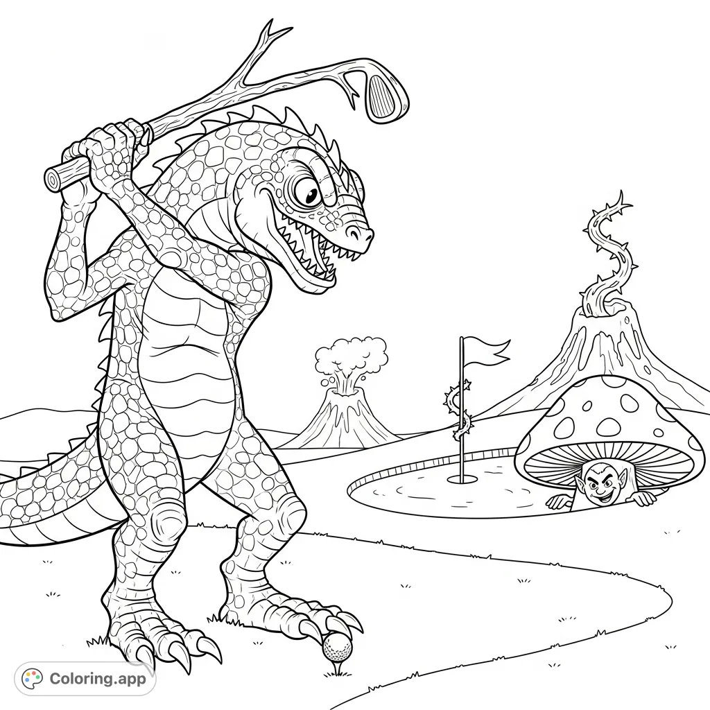 Unleash your creativity with this unique monster golf coloring page! A scaly creature takes a swing on a whimsical course with a volcanic sand trap.