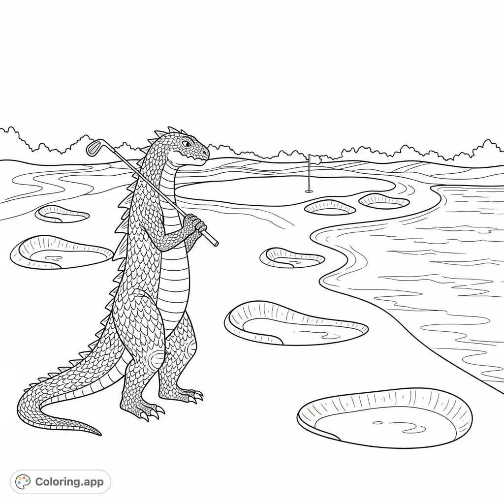 A towering, scaly monster with a golf club surveys a challenging course with sand traps, a shimmering lake, and a flag-marked green, ready for a monstrous swing.