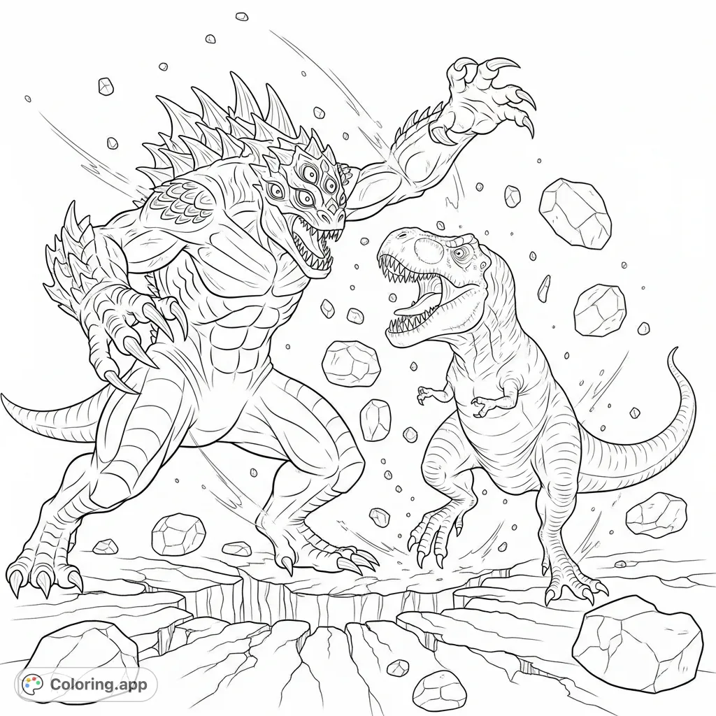 Experience an epic monster battle! A colossal, scaly creature with multiple eyes clashes with a roaring Tyrannosaurus Rex amidst flying debris and cracked earth.