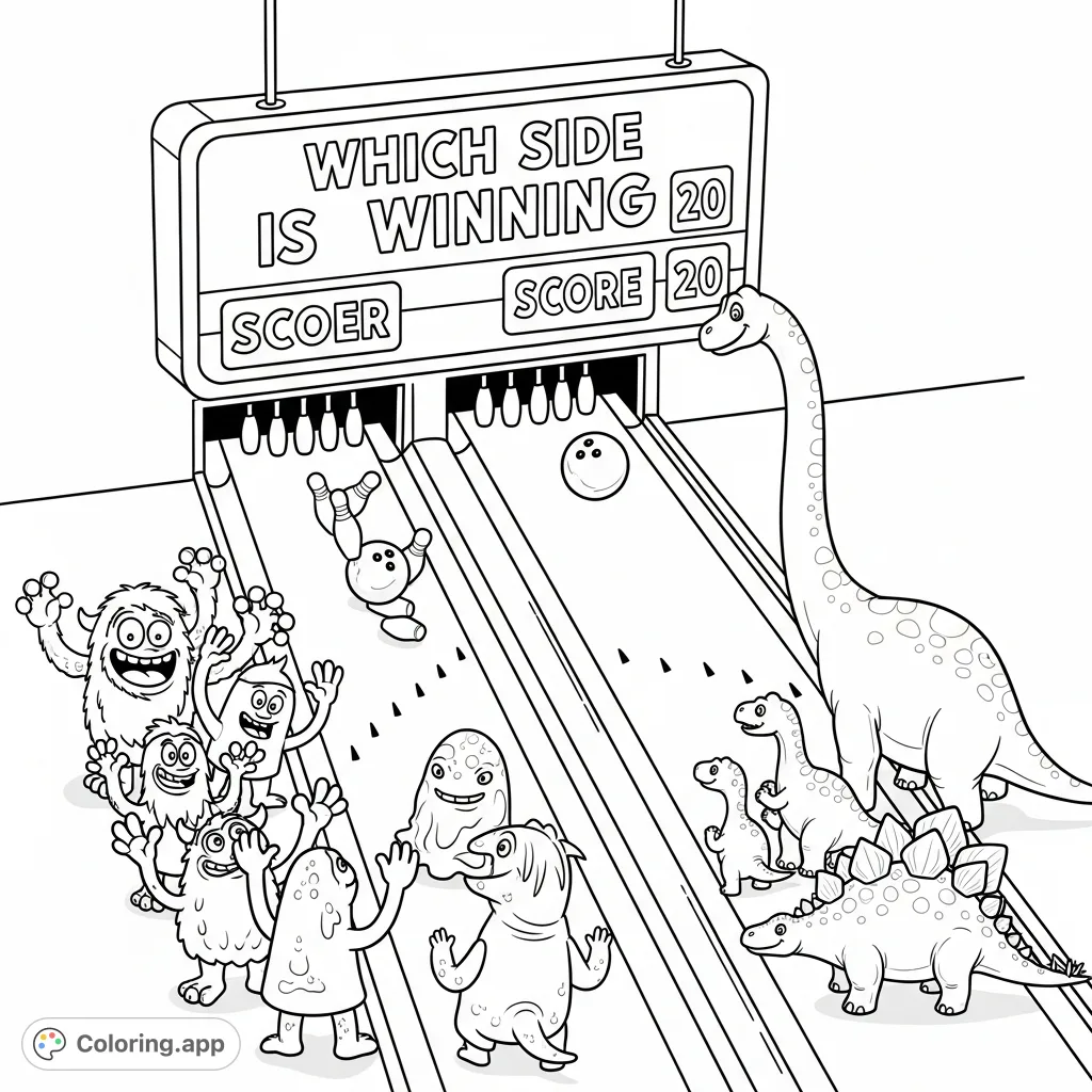 Witness an epic bowling showdown! Whimsical monsters and diverse dinosaurs compete on parallel lanes under a retro scoreboard. A unique, free printable coloring page.