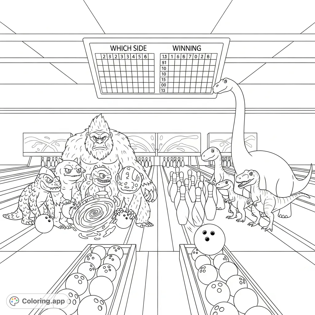An exciting bowling alley scene featuring a team of five unique monsters strategizing on one lane, and a dinosaur family watching a ball roll on another. Scores shown above!