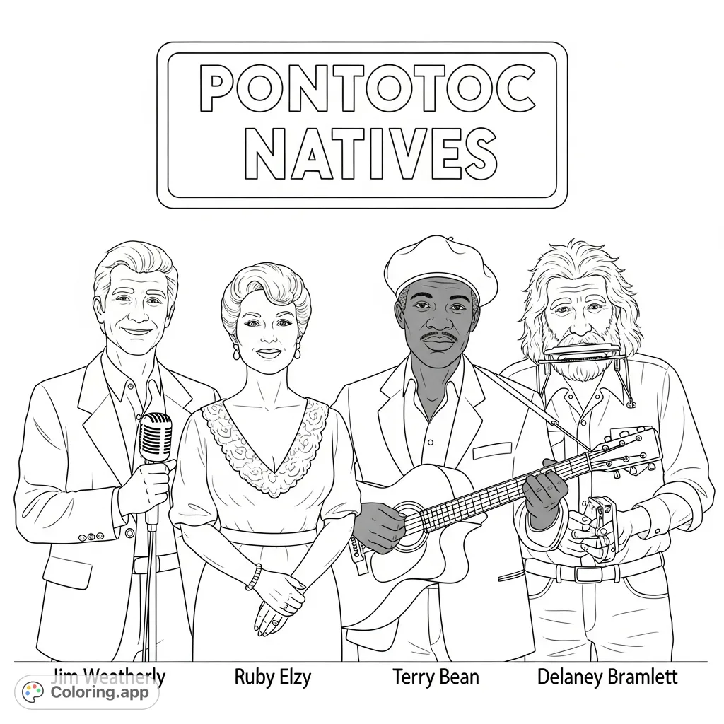 A tribute to four musical artists from Pontotoc: Jim Weatherly, Ruby Elzy, Terry Bean, and Delaney Bramlett, depicted with their instruments and a 'Pontotoc Natives' sign.
