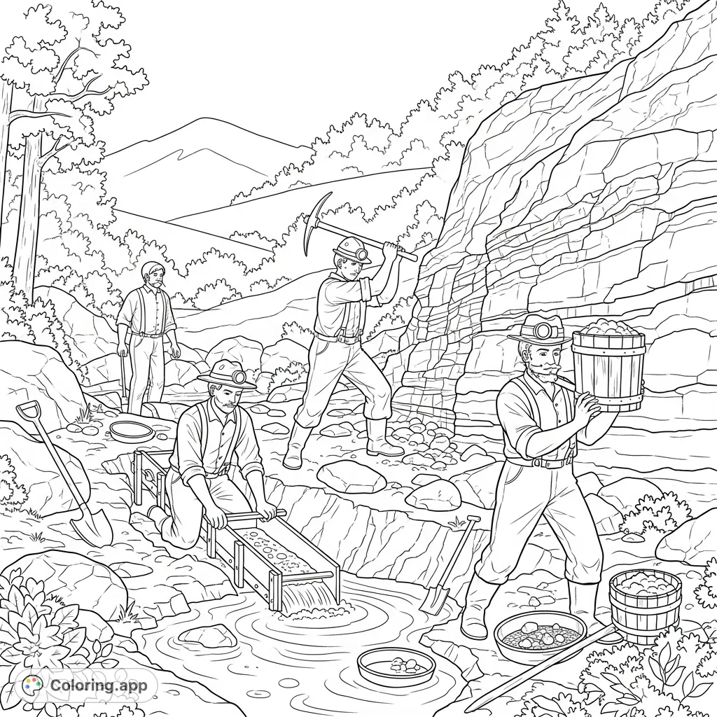 Journey to the first American gold rush! This North Carolina gold rush coloring page features diligent miners sifting for gold amidst rugged hills and streams.