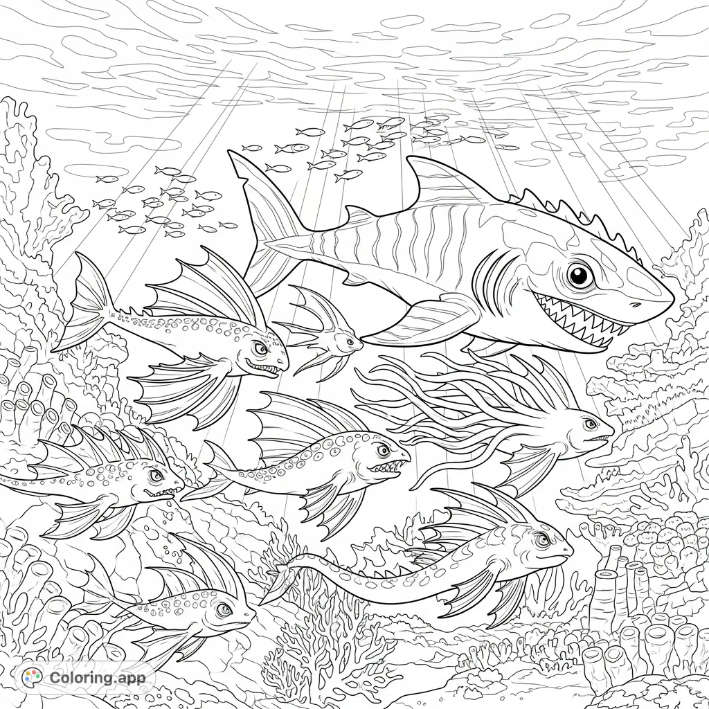 Experience an exhilarating underwater chase! Diverse marine monsters flee a colossal shark through an intricate coral reef, illuminated by sunbeams.