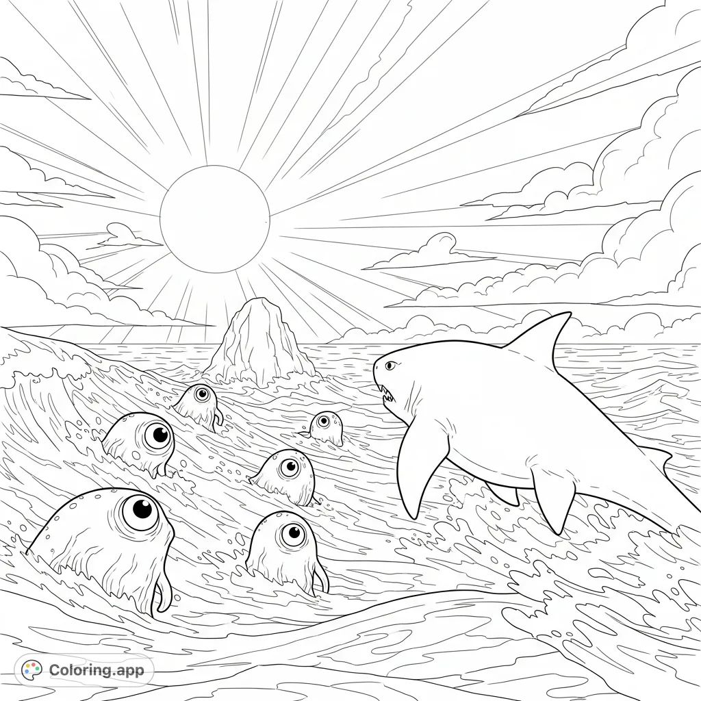 A thrilling monster ocean coloring page depicting oddly-shaped creatures struggling against currents as a monstrous shark approaches under a dramatic sky.