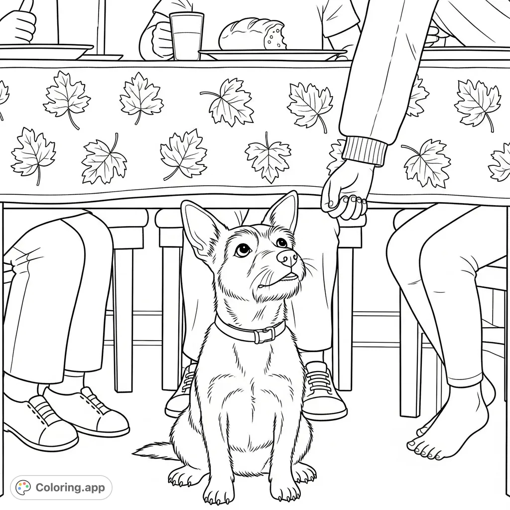 Capture a heartwarming scene of a patient terrier mix under a dining table, eagerly watching a child's hand and a dinner roll. A charming family moment.