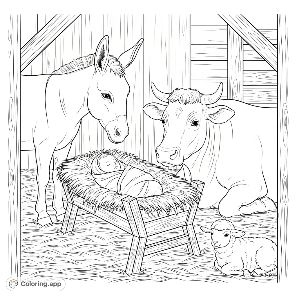 A serene nativity scene featuring a swaddled newborn baby in a straw-filled manger, surrounded by a gentle donkey, a resting cow, and a small lamb.