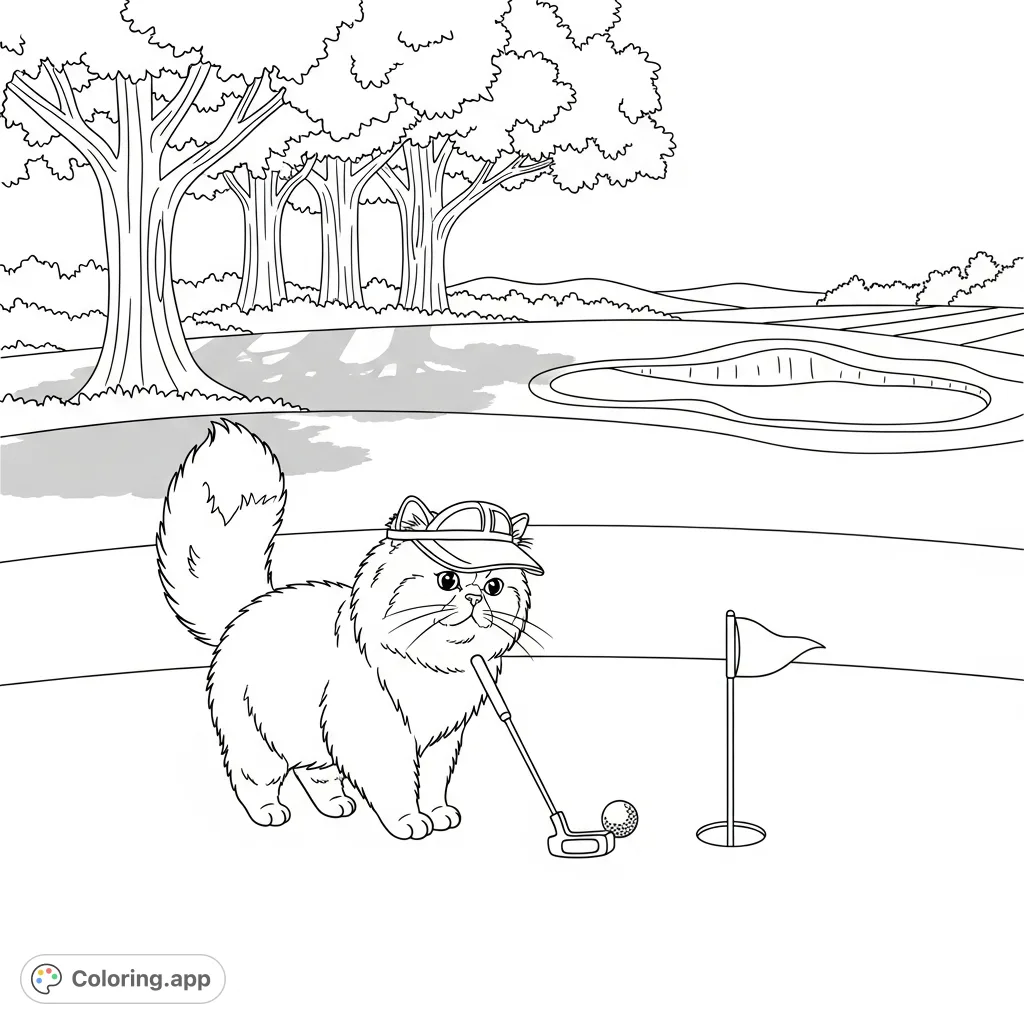 A charming Persian cat in a visor, focused on a golf putt on a manicured green. A whimsical scene for animal and golf enthusiasts to color.