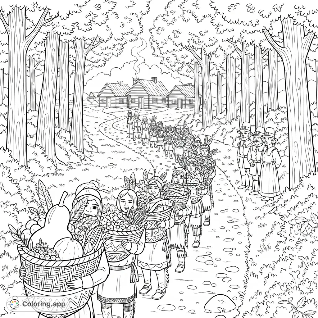 Explore a historical scene depicting a Pilgrim settlement and Native Americans carrying harvest goods along a forest path. A detailed historical coloring page.