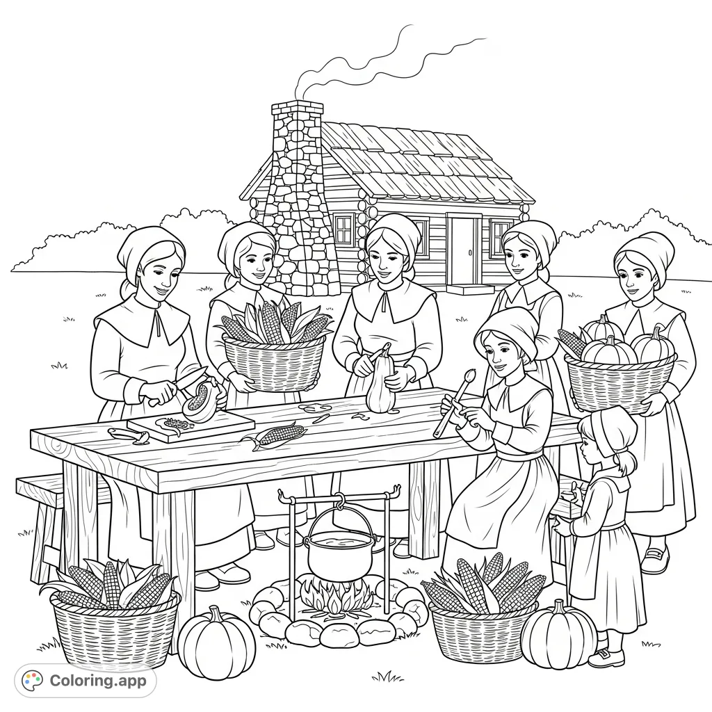 A heartwarming Pilgrim Harvest coloring page featuring women and children preparing a feast outdoors, with a log cabin backdrop. Perfect for historical themes.
