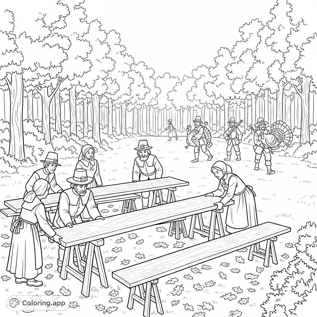 A detailed Pilgrim Thanksgiving coloring page depicting men and women setting up a communal table, with hunters returning with a turkey.