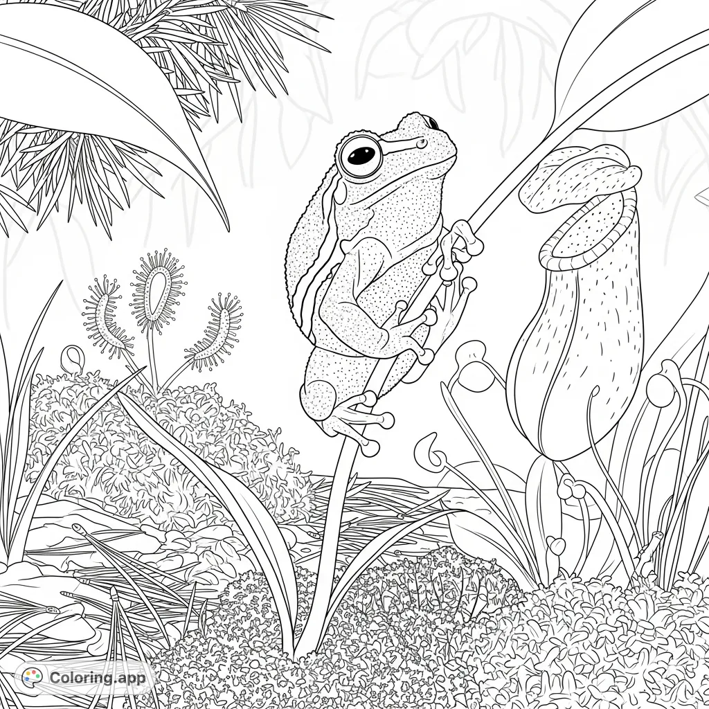 Discover the unique Pine Barrens Tree Frog perched on a pitcher plant. This detailed coloring page captures the essence of its natural habitat, perfect for nature lovers.