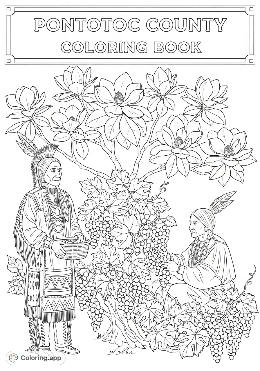 Explore Pontotoc County's heritage with this coloring page featuring Chickasaw Indians, lush grapevines, and majestic magnolia blossoms. A cultural and natural tribute.