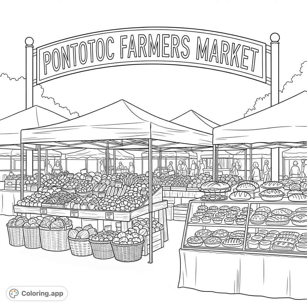 Explore a vibrant Pontotoc Farmers Market coloring page with a prominent sign, bustling stalls, fresh produce, and delicious baked goods.