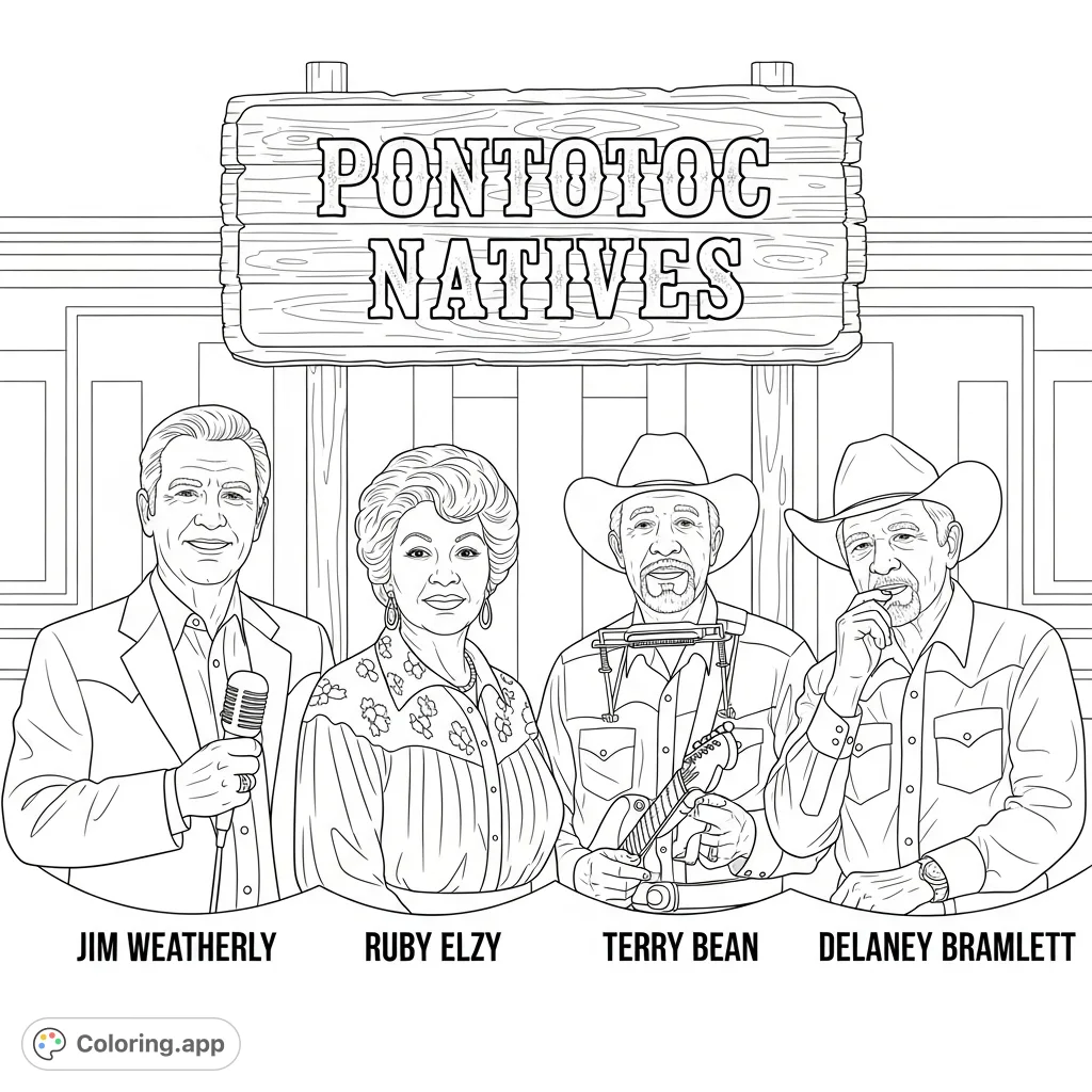 Celebrate musical heritage with this Pontotoc Natives coloring page featuring Jim Weatherly, Ruby Elzy, Terry Bean, and Delaney Bramlett.