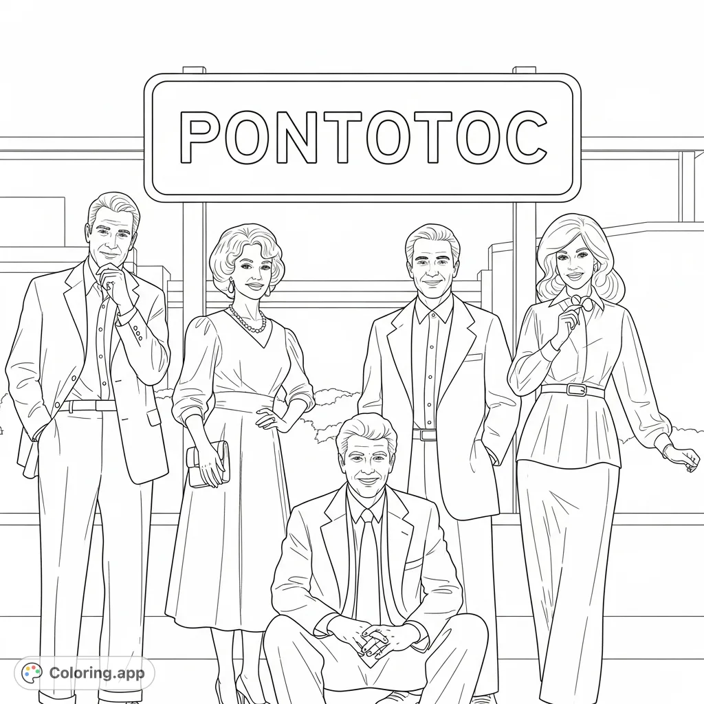 A unique coloring page featuring Jim Weatherly, Ruby Elzy, Terry Bean, and Delanie Bramlett, with a 'Pontotoc' sign. Celebrate local history!