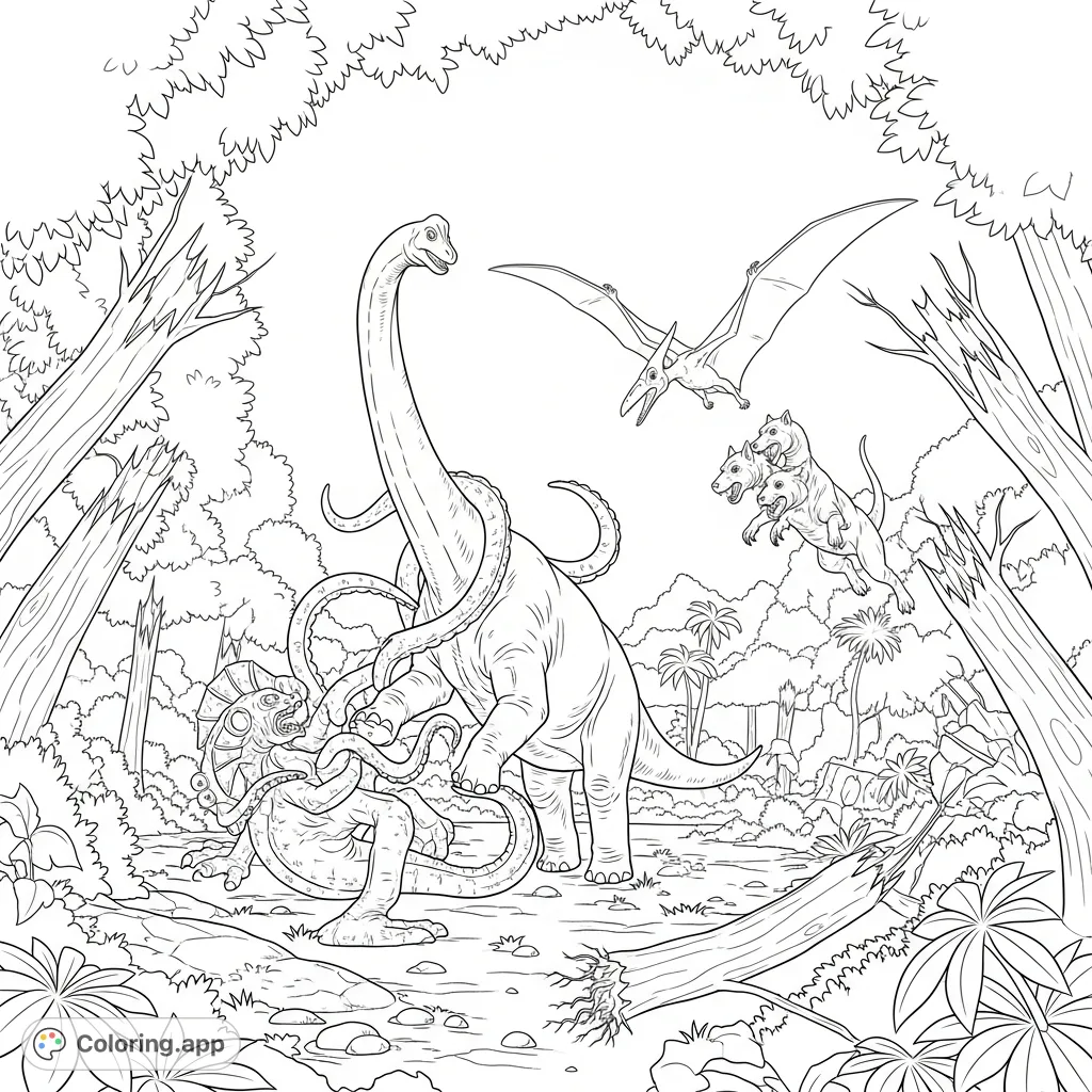 Witness an epic prehistoric jungle beast clash featuring a Brachiosaurus battling a tentacled monster, and a Pterodactyl-like creature swooping toward a three-headed canine!